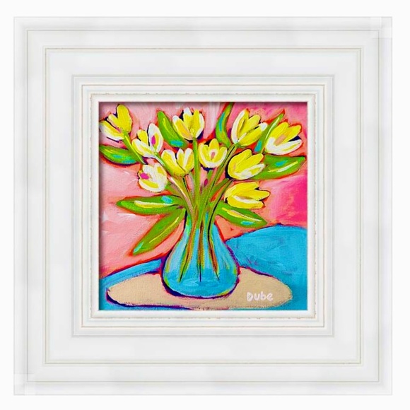 Original Painting Abstract Collectible Yellow Tulips Stems Water 10"x10" Canvas - Picture 2 of 11